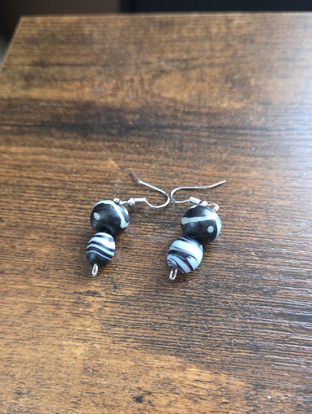 Black & White Striped Glass Bead Drop Earrings